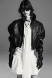 Model in black leather jacket and sunglasses wearing a white dress against grey seamless background