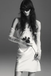 Model in white strapless dress wearing sunglasses holding a single rose against a grey studio backdrop.