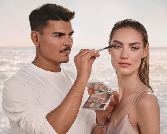 A makeup artist applies eyeshadow to a woman with light brown hair in an outdoor setting, showcasing a makeup palette and brush.