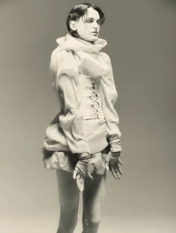 Model wearing sculptural white top with lace-up corset details and gloves against a neutral studio backdrop.