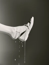 Close-up of a shoe and foot covered in dripping white liquid against a dark gradient background for Photography Marcello editorial
