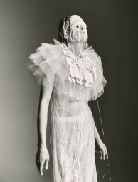 Model wearing a sheer tulle dress with white liquid dripping over their face and ruffled collar against a dark grey background.