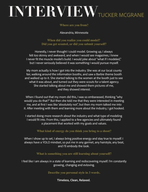 Interview layout with large text 'INTERVIEW' and smaller paragraphs detailing a model's experiences, set against a dark background.