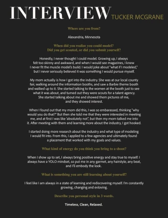 Interview layout with large text 'INTERVIEW' and smaller paragraphs detailing a model's experiences, set against a dark background.