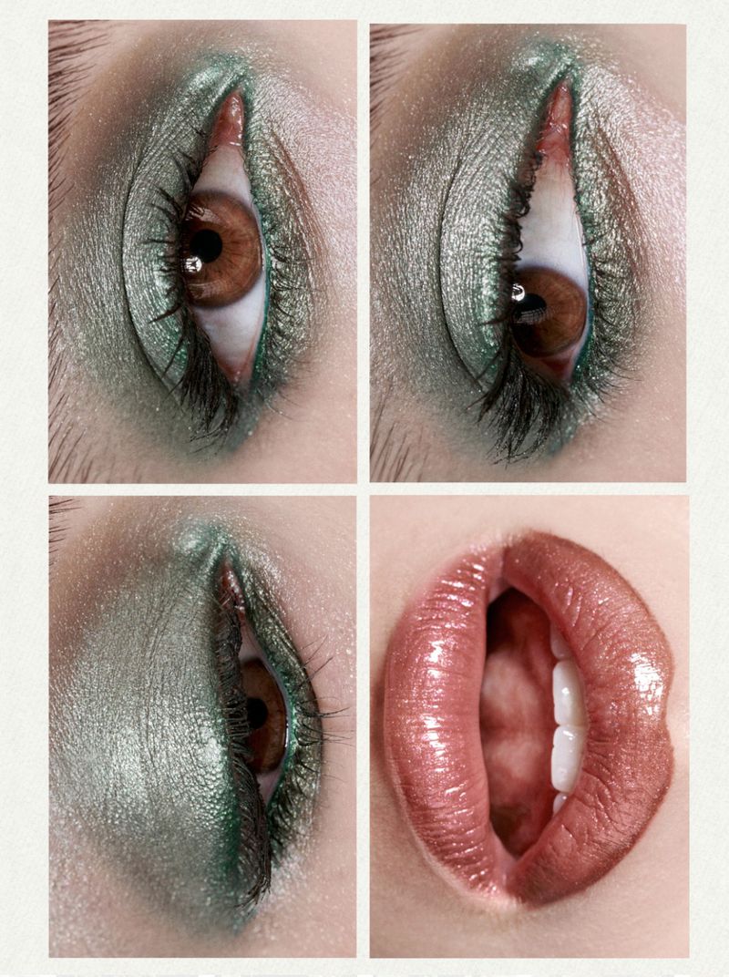 Extreme close-up collage of a woman's eyes with green eyeshadow and glossy lips with pink lipstick. Beauty and makeup concept.