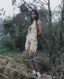 Model standing outdoors among bare trees wearing a distressed cream halter top and knee pads