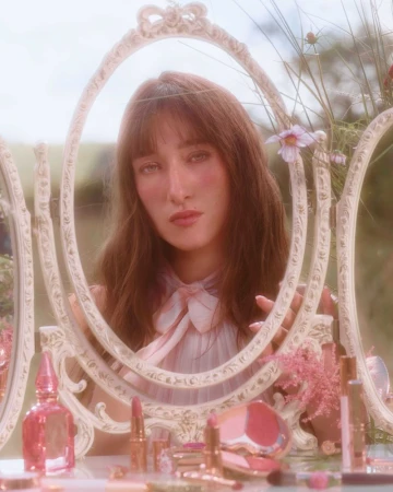 Woman with bangs and long brown hair looking at her reflection in a vanity mirror surrounded by makeup and pink flowers.