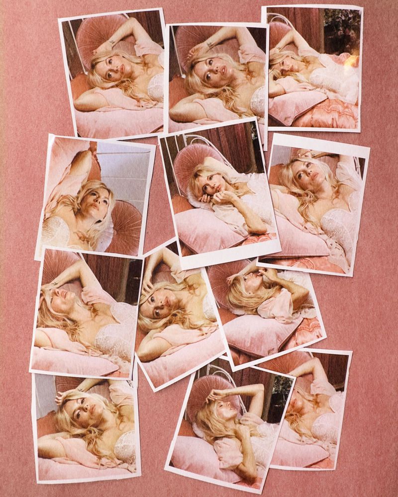 Collage of photos shows a blonde woman in lingerie reclining on a pink tufted chaise lounge in various poses, creating a dreamy aesthetic.