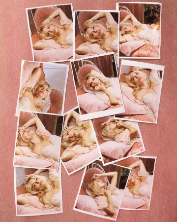 Collage of photos shows a blonde woman in lingerie reclining on a pink tufted chaise lounge in various poses, creating a dreamy aesthetic.