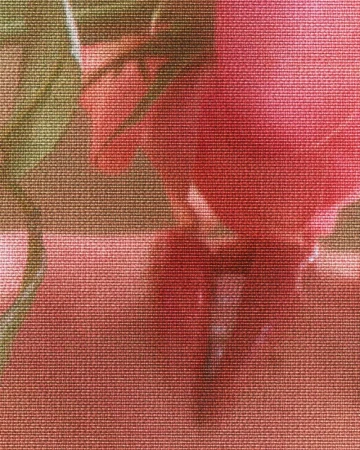 Macro photo of floral fabric with pink petals and green leaves, showcasing a detailed textile texture and vibrant color palette.
