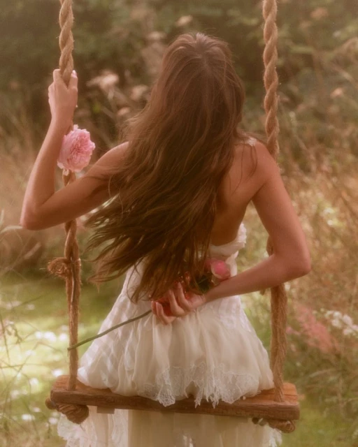 Back view of a woman in a white dress sitting on a swing, holding pink roses against a blurred background of green foliage.