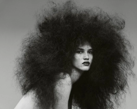 Monochrome portrait of a woman with dark hair styled in a large, voluminous afro, posing in front of a solid grey background.
