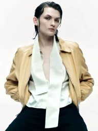 Model Lara Mullen wearing a camel leather jacket over a white blouse against a plain white background for Telva.