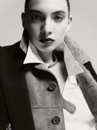 Close-up portrait of model Rolf wearing a collared shirt and jacket for Harper's Bazaar España