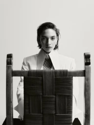 Model seated behind a dark woven wooden chair wearing a white jacket with an oversized collar against a plain white background.