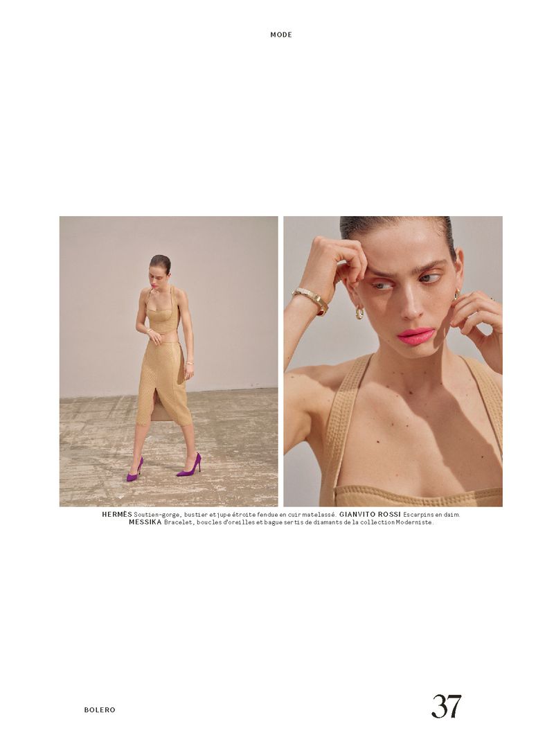 Fashion editorial image featuring a model in a tan knit dress and purple heels, showcased in two frames against a neutral backdrop.