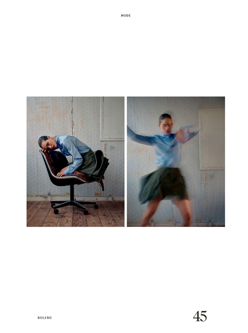 Two-panel fashion shot: woman in blue shirt and green skirt in motion and seated on black office chair. Neutral wall background.