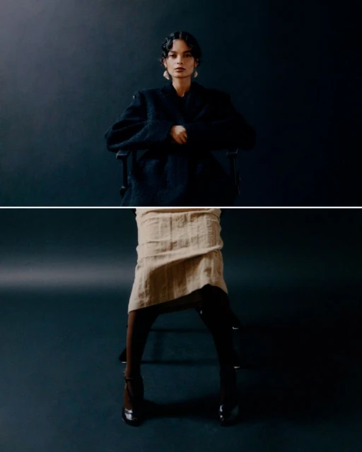 Portrait of a young woman in a black blazer and nude skirt sitting against a dark background, divided into two sections.