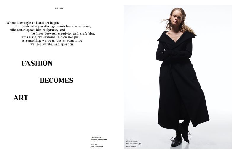 Editorial fashion shot featuring a slender female model in a black dress, standing in a bright white studio against a magazine spread.