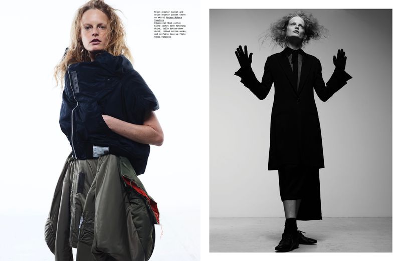 Editorial fashion shot of an androgynous person in a black coat and gloves, contrasted with a woman in a bomber jacket and skirt.