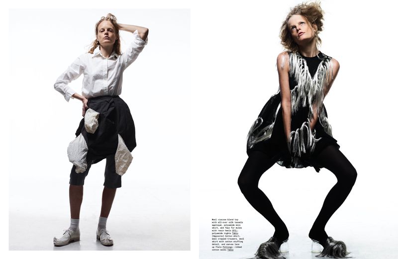 Fashion-forward editorial shot of a slender woman in a white shirt and avant-garde black skirt on the left, with a fringed black dress on the right.