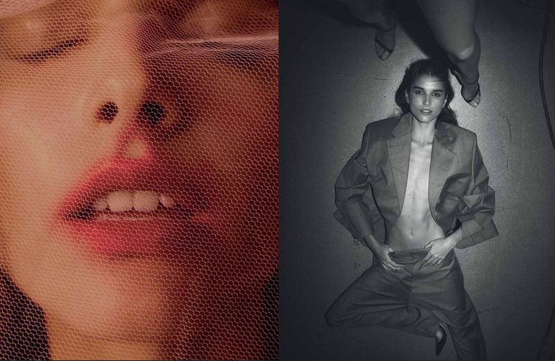 A woman in a grey suit is lying down in a studio as another person's legs and feet are seen above her. A close-up shot of a woman's face with a net.