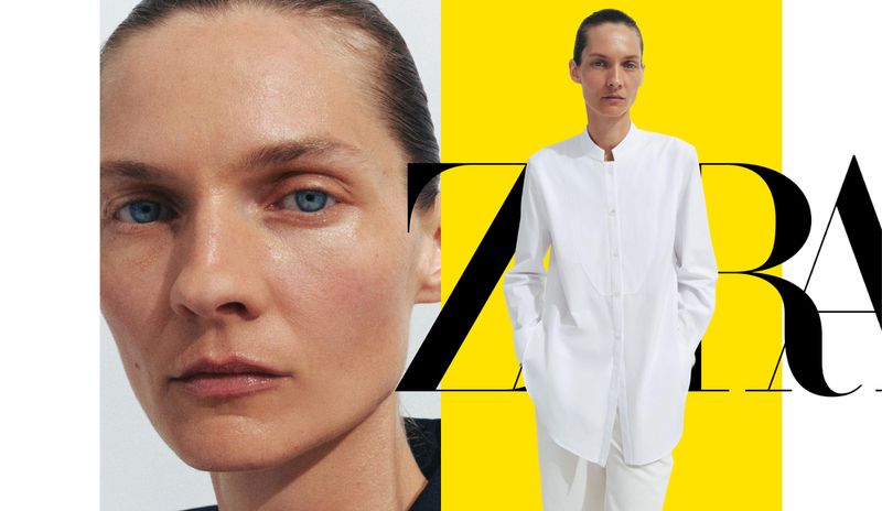 Fashion shot showcasing a woman in a white shirt, a close-up of her face, and the ZARA logo against a yellow and white background.