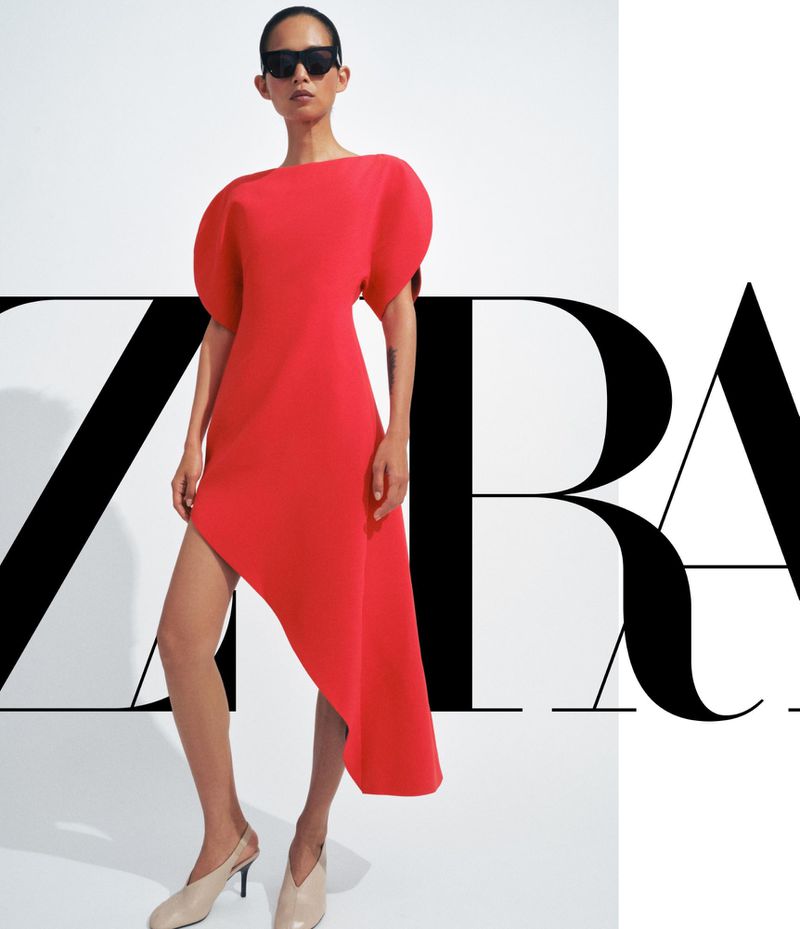 A fashion shot features an adult female model in a red asymmetrical dress and nude heels, set against a bright white background and Zara logo.