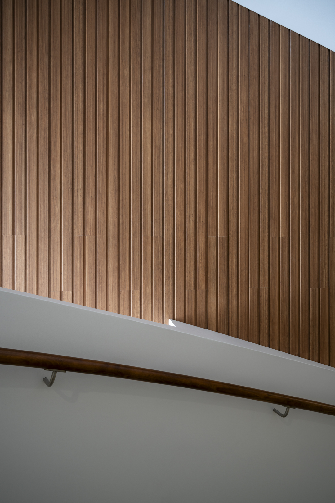 Close up of a brown wood panel wall with vertical planks, a white wall and a dark wood handrail in a modern architectural setting.