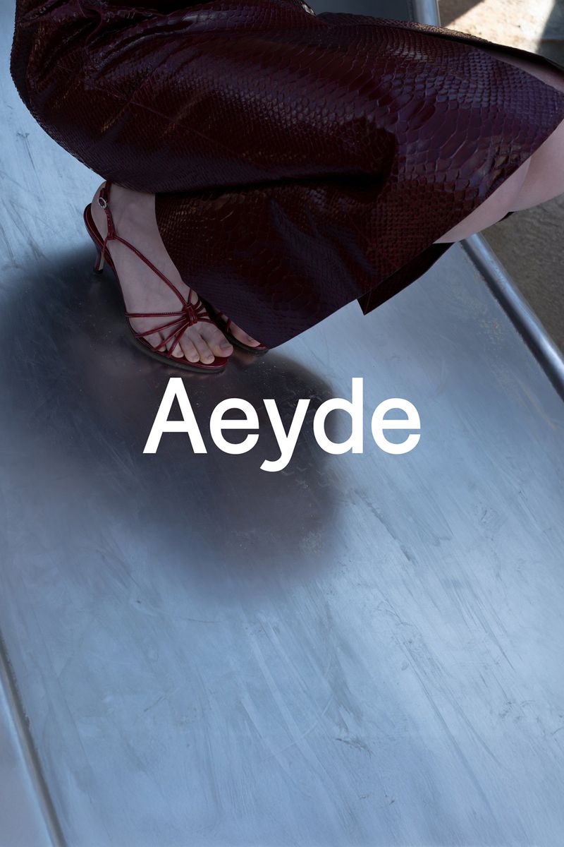 Woman's lower body in snakeskin skirt and heeled sandals with Aeyde logo. Focus on apparel and footwear against a metal surface.