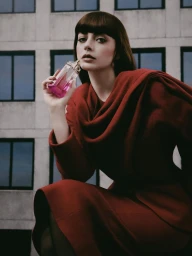Woman in red coat holding a pink perfume bottle against a concrete building exterior with dark windows