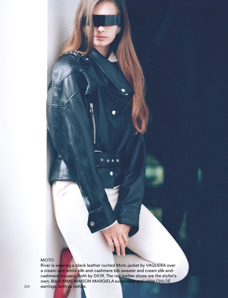 A fashion shot features a stylish young woman in a black leather jacket and futuristic visor sunglasses, leaning against a white wall.