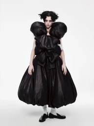 Model wearing a voluminous black sculptural dress with large puffed shoulders and white socks with black loafers against a plain white background