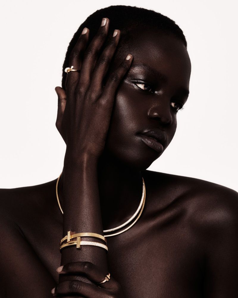 Elegant studio shot of a Black woman wearing a gold choker, ring, and bracelet, against a bright white background, highlighting jewelry.