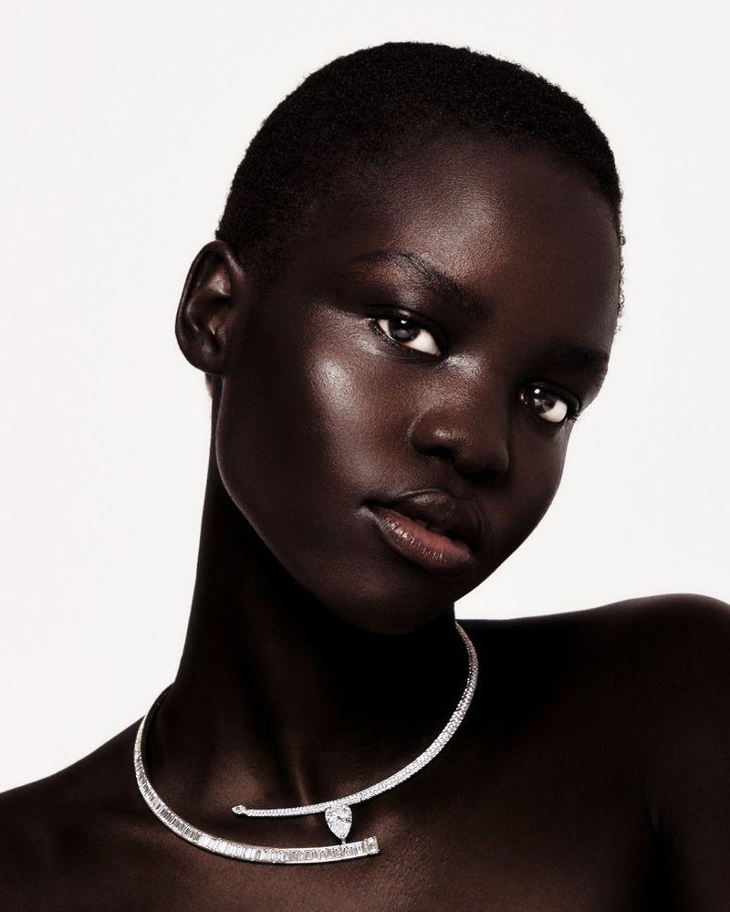 Close-up studio shot of a dark-skinned woman wearing an elegant diamond necklace against a bright white background, creating a high-contrast portrait.