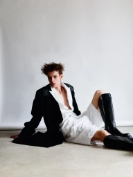 Model seated on studio floor wearing a black coat, white shirt, shorts, and tall black boots against a white backdrop.