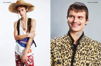 Two male models in a fashion spread, one wearing a straw hat and tank top, the other in a leopard print jacket.