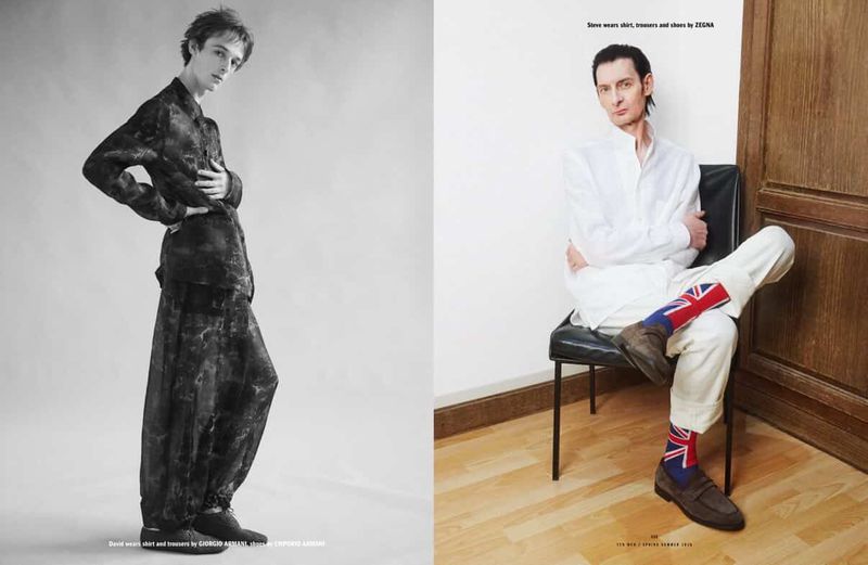 Two fashion shots feature a slender man in patterned suit, contrasted with another in white shirt, chair, and Union Jack socks.