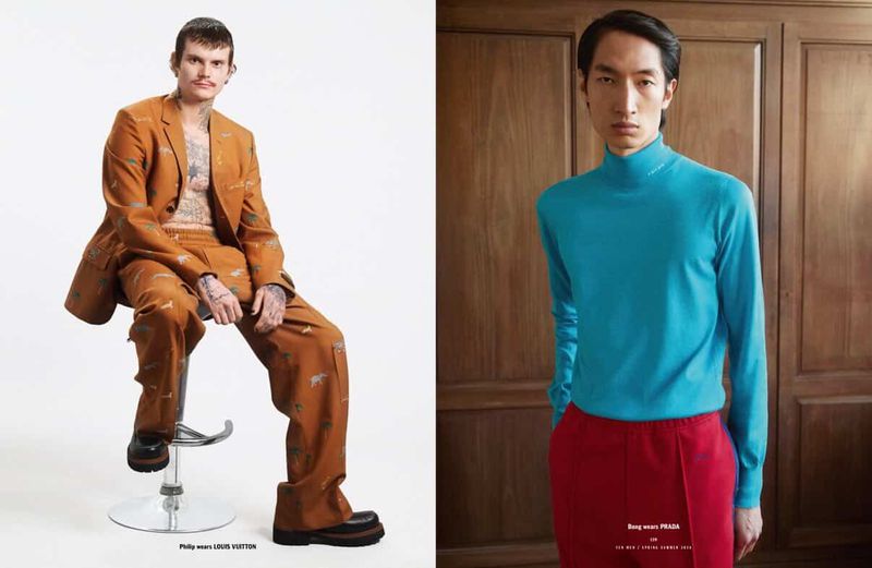 Two fashion models pose in a studio setting. One wears a brown patterned suit, and the other wears a blue turtleneck and red pants.
