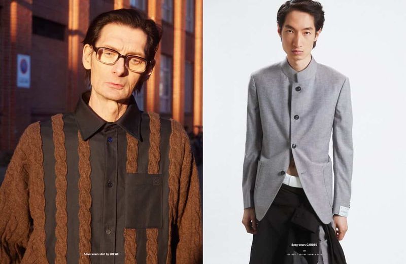 Fashion editorial featuring a man in a Loewe shirt and a man in a Caruso jacket on a split background, outdoors and in studio.