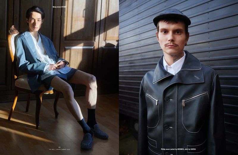 Two-part fashion editorial featuring two adult males modeling jackets in different indoor and outdoor settings, showcasing contemporary menswear.