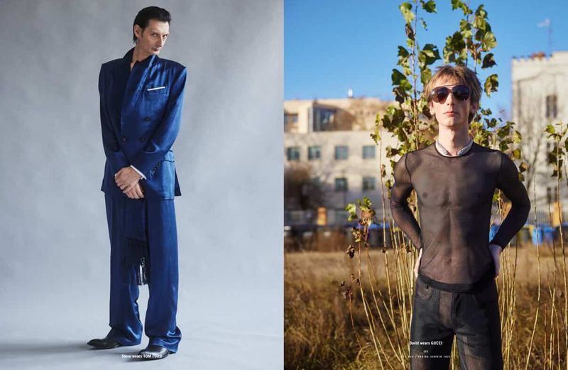 Two contrasting images: one of a man in a blue suit and another of a man in a sheer black top and sunglasses.