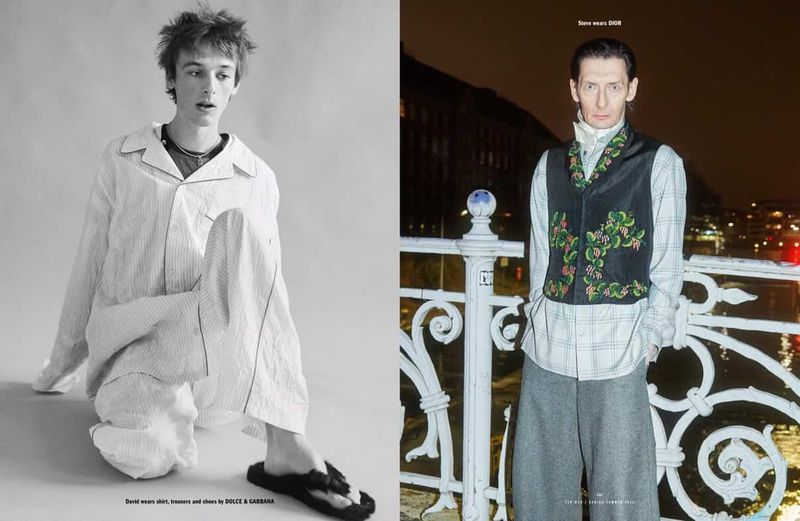 Fashion editorial shot featuring two distinct looks: a casually dressed young man and an elegantly dressed older man against blurred backgrounds.