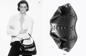 Black and white editorial diptych featuring a short-haired model wearing a white shirt and holding a black leather handbag alongside a laced leather accessory.