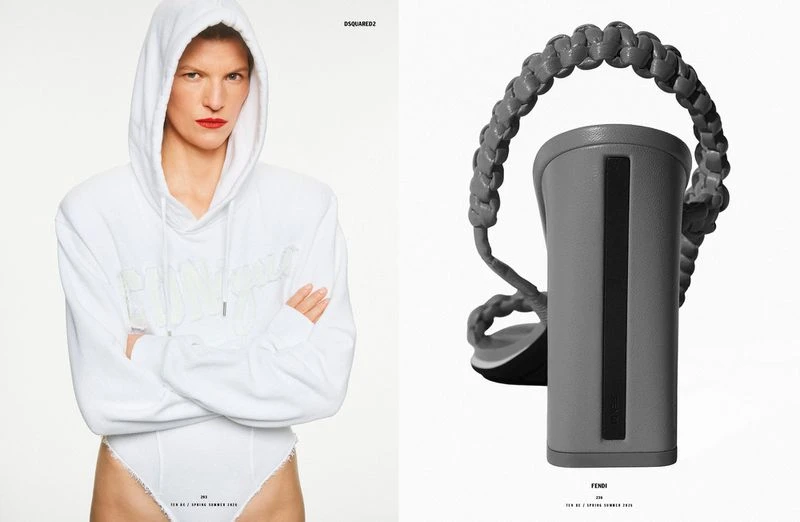 Fashion-forward split image: woman in white hoodie bodysuit on left, Fendi heel with woven strap on right, set against a clean white backdrop.