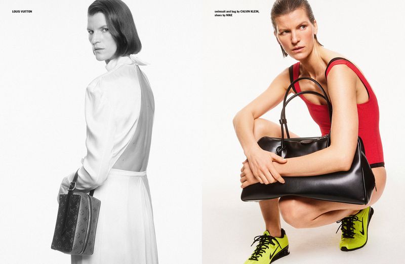 Two images featuring a woman modeling fashion items: a Louis Vuitton handbag with a white dress and a Calvin Klein bag with activewear.