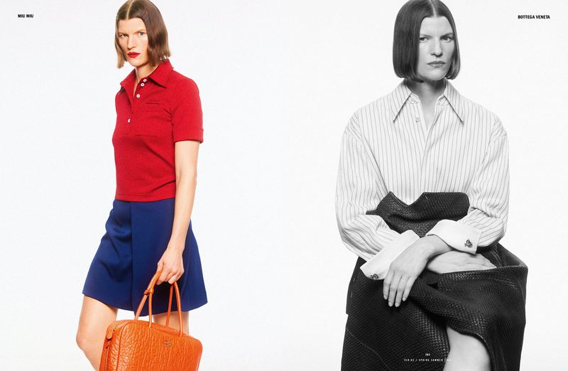 Two side-by-side fashion portraits of a model in a red polo top and a striped shirt, set against a plain white background.