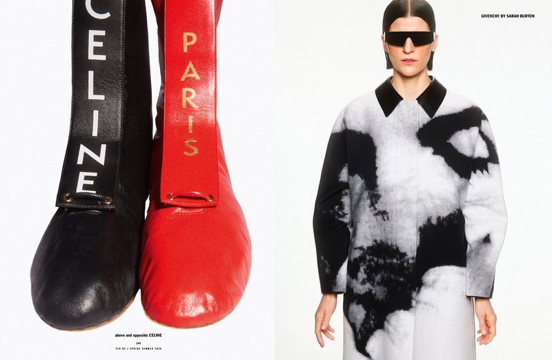 Editorial fashion shot of black and red heeled boots with Celine and Paris text, alongside a model in a black and white coat and sunglasses.