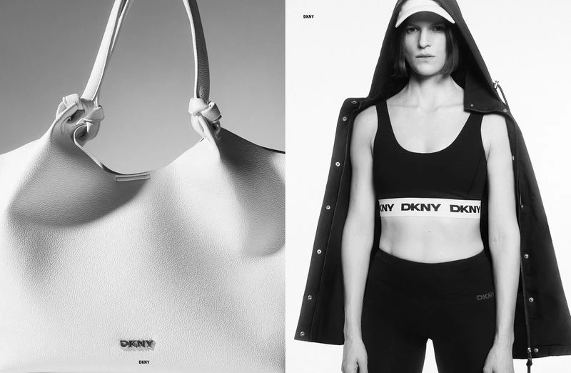 Black-and-white studio shot features a woman wearing workout gear and a jacket, alongside a white leather tote bag.