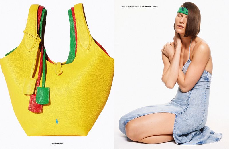 Fashion editorial shot: A yellow leather tote bag and a woman in a denim dress and green headband kneeling on a white background.